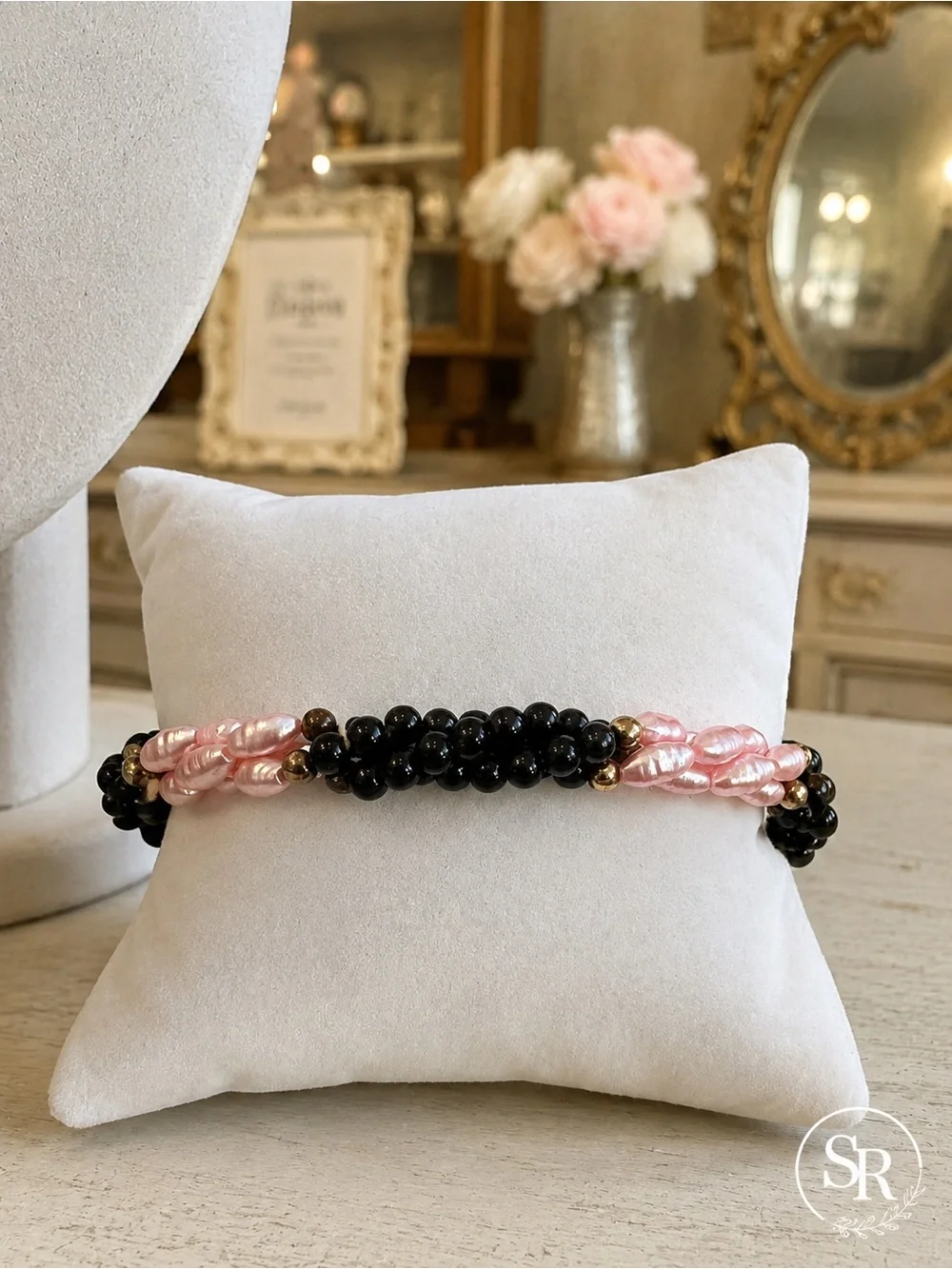 Vintage Glass Bead Torsade Necklace & Bracelet Set Pink Black Gold Multi Strand